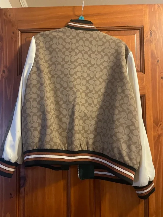 Women’s Brown Patterned Bomber Jacket with Cream Sleeves - Picture 2 of 5